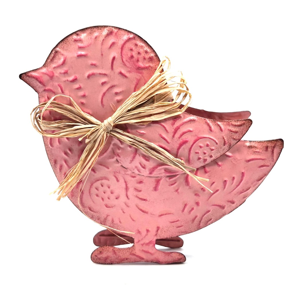 Metal Tin Chick With Raffia Bow PINK Indoor Outdoor Decor Tabletop Shelf Cottage